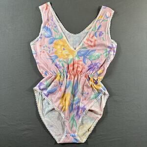 Playboy Bunny Women's Floral Lace Trim One-Piece Bodysuit Pink Multicolor